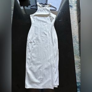 White, linen, bodycon, midi dress. Side medium.